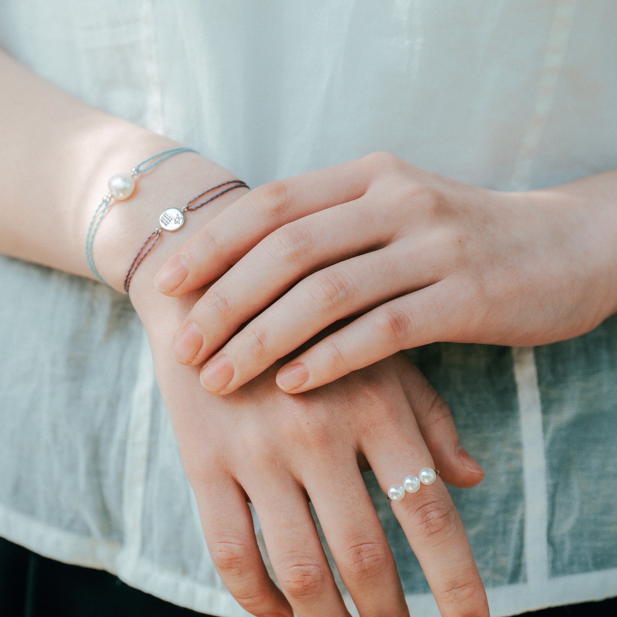 【10color】フラット淡水パールコードブレスレット