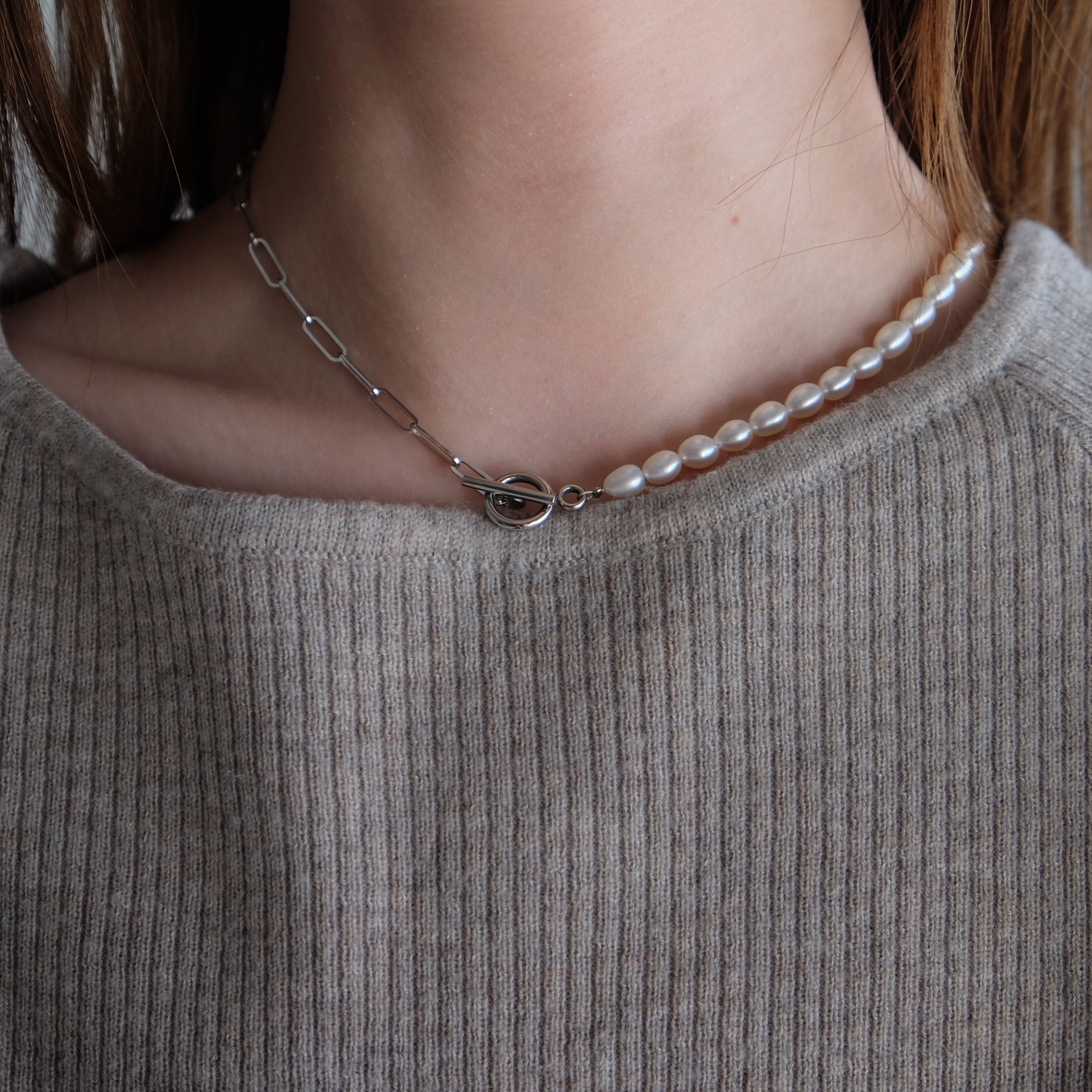 Half Chain & Pearl ネックレス-MUSUBI(結)|職人仕上げ・Silver925/ステンレス