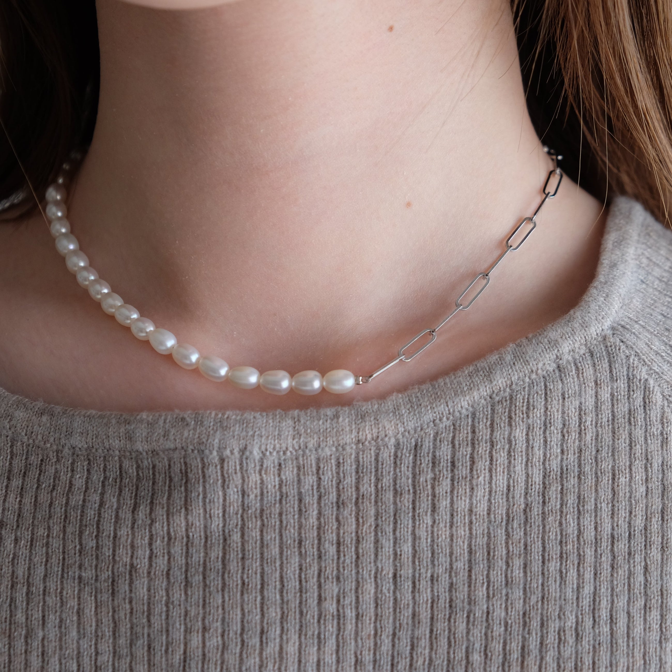 Half Chain & Pearl ネックレス-MUSUBI(結)|職人仕上げ・Silver925/ステンレス