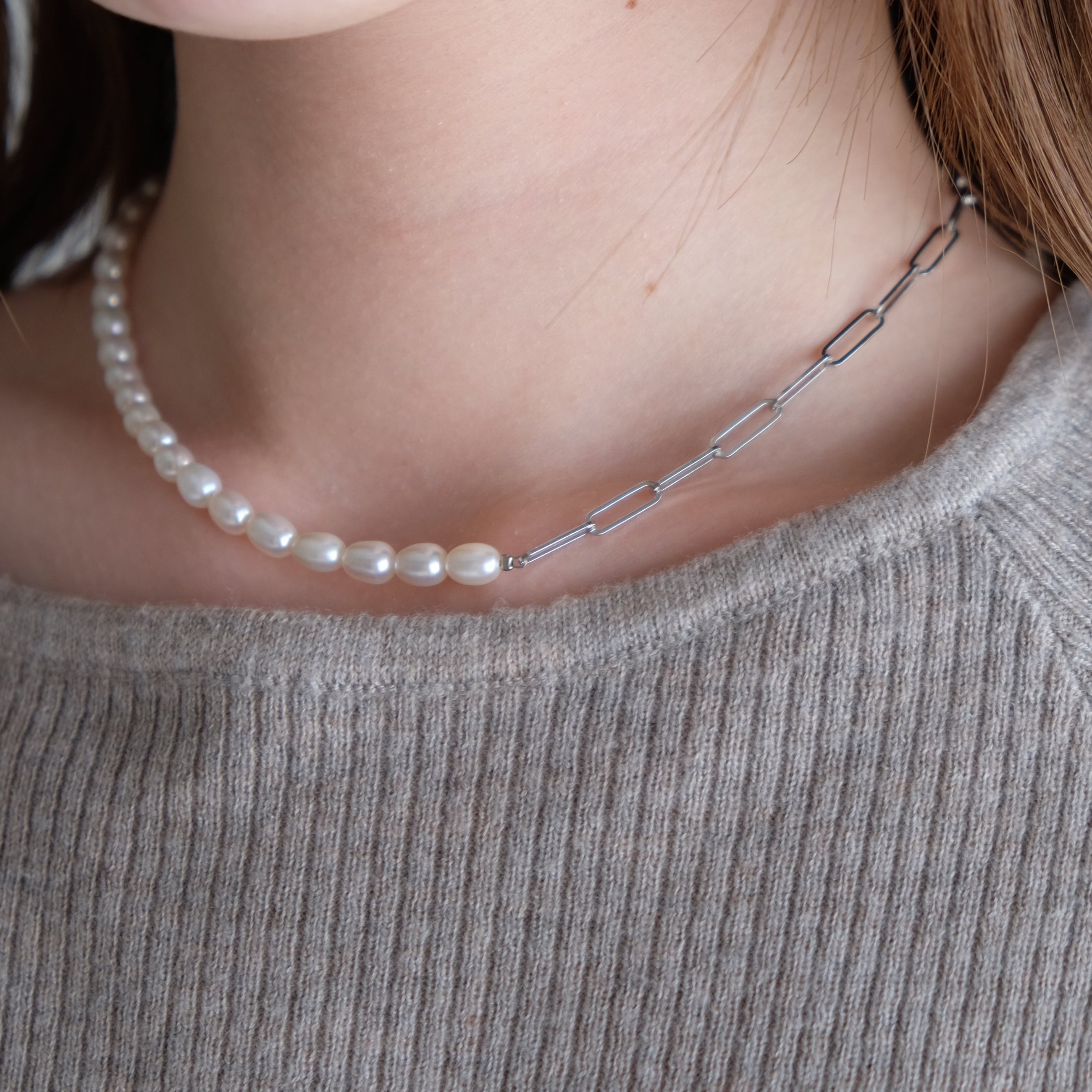 Half Chain & Pearl ネックレス-MUSUBI（結）｜職人仕上げ・Silver925/ステンレス