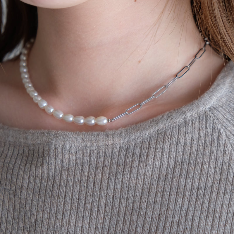 Half Chain & Pearl ネックレス-MUSUBI（結）｜職人仕上げ・Silver925/ステンレス